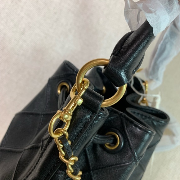 Tory Burch Soft Fleming Small Bucket Bag Black Quilted Leather Crossbody - Picture 10 of 16